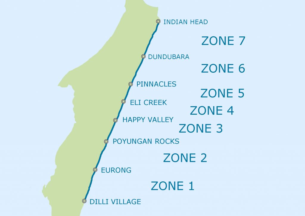 Map of the Eastern Camp-site zones on Fraser island Zone 1-7