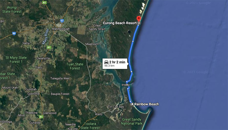 map of how to get to eurong beach from fraser island